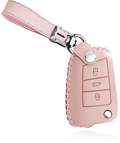 HIBEYO Coque de clé Pliante en Cuir pour clé de Voiture Skoda Golf 7 MK7 Seat Leon Skoda Superb avec Porte-clés Rose