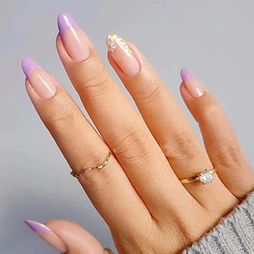 RUNRAYAY Purple Flower French Press on False Nails, Long Fake Nail with Daisy Pattern, Nude Coffin Acrylique Full Cover Nails Tips for Women & Girls 24Pcs