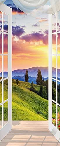A.Monamour Sticker Porte Autocollant Poster De Porte 3D Fenêtre Ouverte Avec Paysage De Montagne Au Coucher Du Soleil Vinyle Affiche De Porte Sticker Mural Papier Peint Art Décor 85 x 200 cm