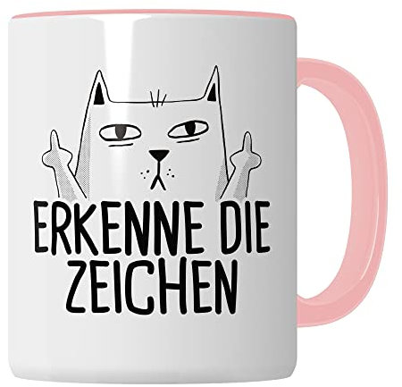 Tasse Katzen-Motiv, Erkenne die Zeichen Spruch, Humor Geschenk Katzenliebhaber, Katzen-Tasse Motiv, Geschenk Kollegen, lustige Katze Kater Katzenfreund Büro-Tasse lustige Kaffeetasse (Weiß & Pink)