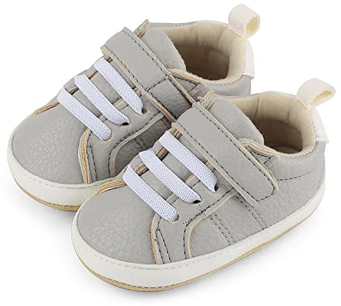Cheerfu Mario Lauflernschuhe Baby Jungen Mädchen Baby Born Erste Schuhe Weiche Leder rutschfest Sohle Grau 12-18 Monate (3)