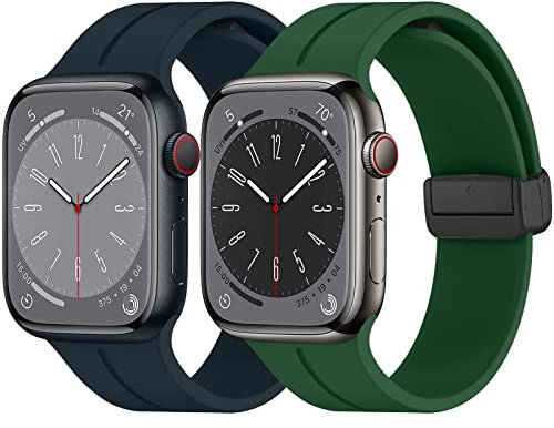 2 Piezas Correa Silicona con Cierre Plegable Magnética para Apple Watch 42mm 44mm 45mm 49mm, Banda Ajustable Suave para iWatch Serie 8 7 6 5 4 3 SE Ultra, Azul Medianoche/Verde Oliva