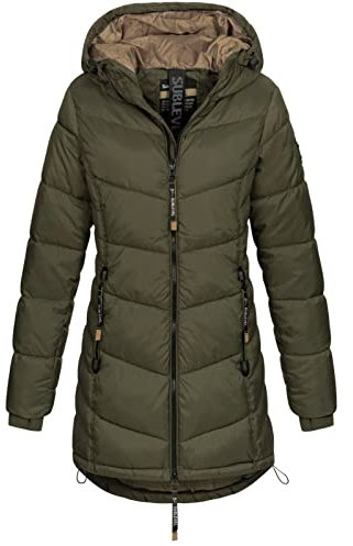 Sublevel Damen Jacke Steppmantel LSL-412 Kurzmantel mit gefütterter Kapuze Mistletoe Green XL