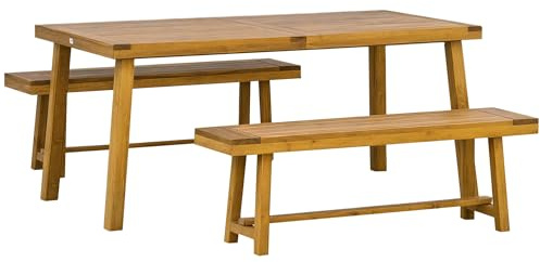 Outsunny 3 Pieces Picnic Bench Set with Table and 2 Benches, Acacia wood Dining Trestle Beer Table and Seat, Natural Wood Finish