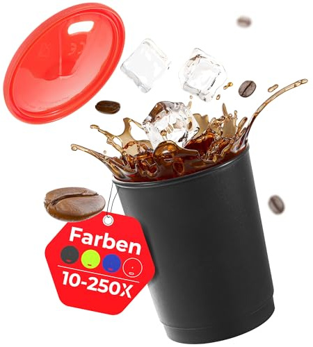 achilles Kaffeebecher mit Deckel, Kunststoffbecher, Mehrwegbecher, Trinkbecher, LFGB geprüft, spülmaschinenfest, stapelbar, 330 ml, Becher schwarz, Deckel rot, 50 Stk.