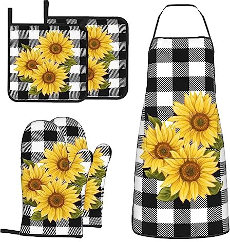 MIFSOIAVV Sunflower Black White Buffalo Plaid Oven Mitts and Pot Holders Sets with Apron 5Pcs Yellow Floral Lumberjack Check Kitchen Mitten Gloves and Potholders Apron Oven Gloves Hot Holders for BBQ