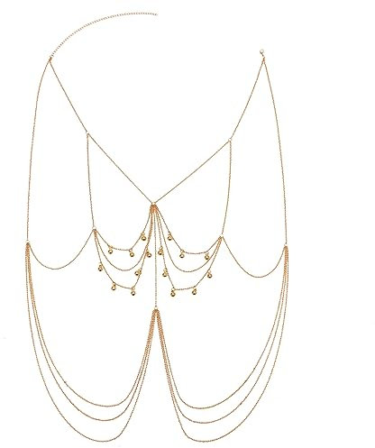 BSLVWG Sparkly Crystal Body Chain Gold Beaded Bling Bra Chain Chest Chain Summer Beach Sexy Bikini Nightclub Party Waist Chain Body Chain Accessories Adjustable for Women and Girls