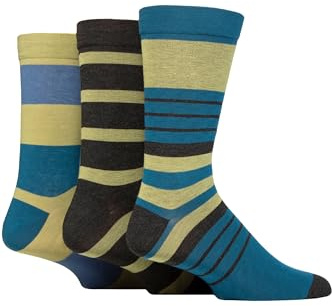 SockShop Men's Comfort Cuff Socks - Striped and Plain Soft Breathable & Cooling Bamboo Material Multipack of 3 Pairs Spanish Moss 7-11