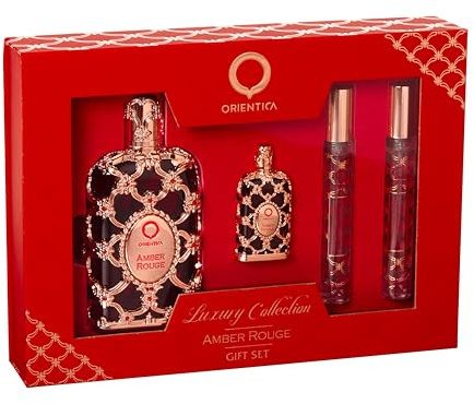 Orientica Amber Rouge für Frauen – 4 Stück Geschenk-Set EDP 2,7 oz Spray, 3 x 10 ml EDP Spray