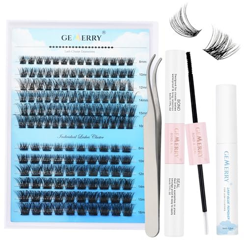 GEMERRY DIY Individual Eyelash Extension Kit 144pcs C3/C9 D Curl 8-16mm Black Matte Dark Soft Lightweight Vegan Lashes with Lash Bond Seal Remover Tweezers