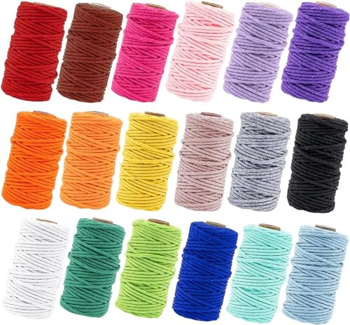 18 Rolls Macrame Cord 2 mm x 576 Yards, 4 Strand Twisted Soft Colored Macrame String Natural Cotton Macrame Rope for DIY Projects, Wall Hanging, Plant Hangers, Knitting, Handmade Crafts (18 Colors)