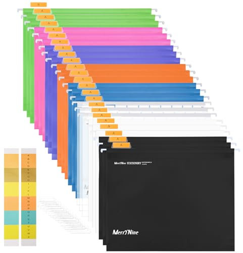Merrynine Hanging File Folders Letter Size 24pcs, Polypropylene Filing Cabinet Folders Organizer with 1/5-Cut Tabs and Inserts, File Organizers for Office School Home Hospital, Assorted Colors