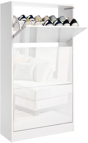 Blisswood High Gloss 3 Drawer Shoe Cabinet Cupboard, Shoe Storage Organiser Freestanding 3 Tier Wooden Shoe Rack Cabinet Modern Footwear Stand For Hallway, Living Room Furniture (White)