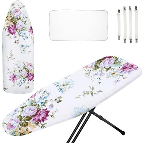 Extra Large Ironing Board Cover and Pad 147×48cm Elastic Edge Scorch Resistant Ironing Board Cover with Elastic Edges 4 Fasteners Printed Pattern Easy to Install for Dorm Home (rose flower)