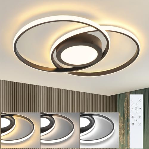 Homefire Deckenlampe Schlafzimmer LED Deckenleuchte Küche: 48W Schlafzimmerlampe Stufenloses Dimmbar mit Fernbedienung Modern Wohnzimmerlampe 2 Ringe Design Küchenlampe für Wohnzimmer Büro