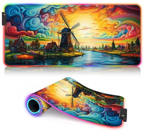 Accessorio da scrivania per PC, tappetino per mouse con tastiera RGB con paesaggio colorato fantasia estesa (23,6 x 13,8 x 0,3 cm), tappetino per mouse di grandi dimensioni con base antiscivolo, 9