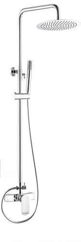 VALAZ Columna Ducha Monomando Cromado | Mezclador Agua Fría y Caliente, Ahorro de Agua | Instalación Fácil y Rápida | Inoxidable, Rociador Ovalado, Longitud 80-120 cm, Rociador 20 cm, Serie Turia