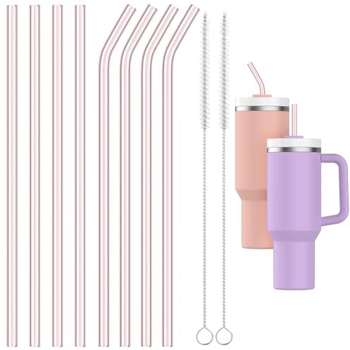 Replacement Pink Glass Straws for Stanley Cup 40oz, 8Pcs 31cm Long Diameter 1cm Borosilicate Glass Straws with 2Pcs Cleaning Brush, Extra Long Straws Compatible with Stanley 30/40oz Adventure Tumbler