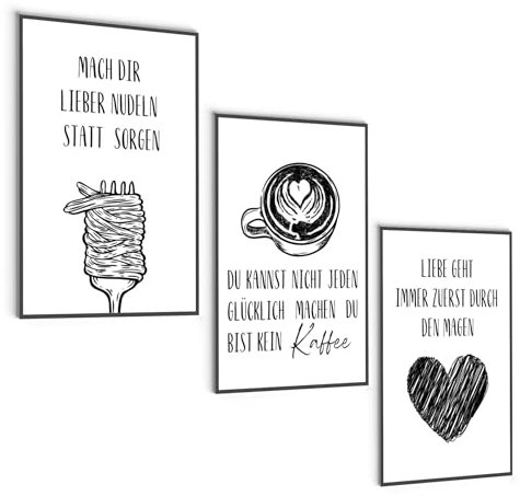 MJ-Graphics® Poster Deko Café 3x A4 Bilder Wanddeko Kaffee Nudeln Spruch Bilderset - ohne Rahmen