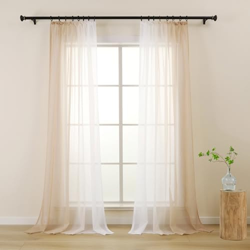 L.Z.E Gardinen mit Kräuselband, Transparente Vorhänge Beige Weiß Farbverlauf für Küche Wohnzimmer Esszimmer, 140 x 145 cm Kurz, 2er Set Voile Gardinenschals für Schienensystem Schiene