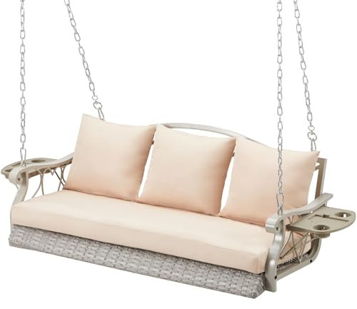 ZZW Rattan-Schaukelstuhl für 3 Personen, strapazierfähig, 408 kg, Outdoor-Rattan-Terrassenschaukelstuhl mit Getränkehalter und Stahlketten, Hängebank, Veranda, Schaukelkissen für Deck & Hinterhof &