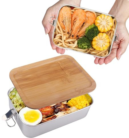Rongxze 1400 ml Bento Box, Fiambrera de Acero Inoxidable Sin BPA, Lunch Box con Tapa de Bambú para Niños y Adultos, lonchera de Oficina a Prueba de Fugas