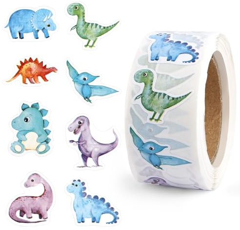 Dino Stickers Rolle, 500 Stück Runde Sticker Kinder, 8 Muster Reward Sticker Tiere, Selbstklebend Aufkleber Kinder für Scrapbooking DIY Crafts Journal School Home