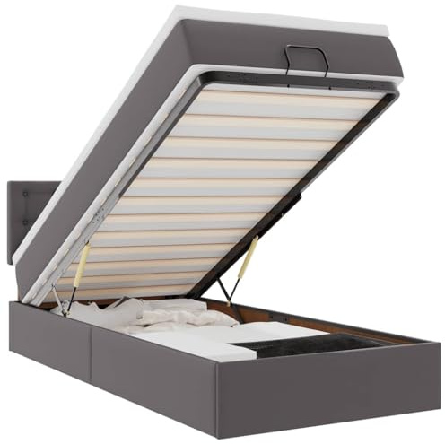 vidaXL Ottoman-Bett mit Matratzen LEDs Grau 90x190 cm Kunstleder, Bettrahmen, Bettgestell mit Stauraum, Polsterbett, Bettgestell, Bettrahmen mit Stauraum