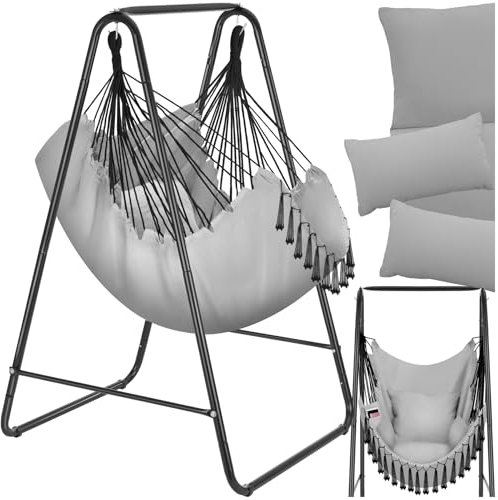 tectake® Fauteuil Suspendu Hamac Intérieur & extérieur avec Structure, Fauteuil Relax, Fauteuil de Lecture 1 Place Balancelle, Fauteuil Salon, Coussin Chaise Inclus Decoration Salon cocooning