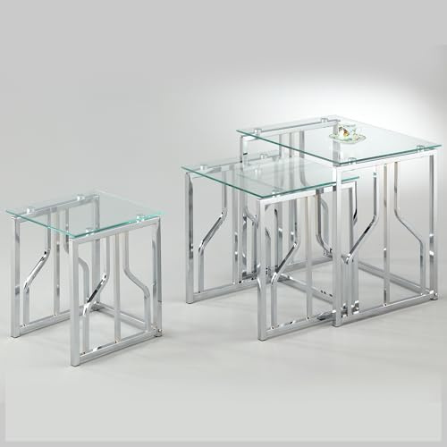 Baby Snooze Glass Nest of Tables Bella Stackable Compact Set of 3 Glass Chrome Display Living Room Guests Side Tables