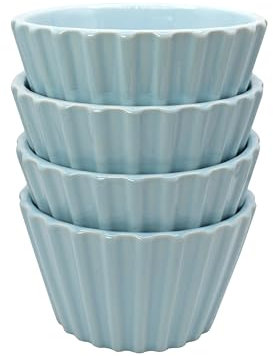 Set of 4 Ramekin Set, 5oz Soufflé Dishes Ribbed Design, Stackable Baking Set for Pudding, Custard, Fruits, Dips, Microwave, Oven and Dishwasher Safe (Blue)