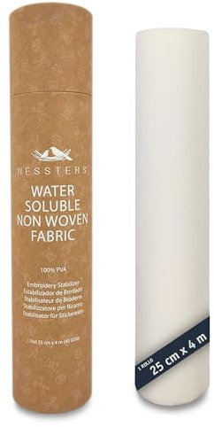 NESSTERS Stabilizzatore Idrosolubile per Ricamo – Rotolo TNT Tessuto Non Tessuto Bianco 25cm x 4m, 40g/m² – Carta Solubile in Acqua per Macchina da Ricamo, Cucito Creativo e Disegni da Ricamare