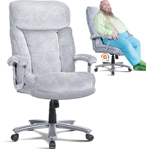 BASETBL Wide Office Chair Heavy Duty 440 LBS 200 KG Big Tall 4-Level Gas Lift Executive Chairs, Ultra Thick Cushion Comfy Velvet Padded Armrest Headrest, Tilt Desk Computer Chair for Home Gaming, Grey