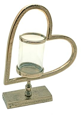 LivuX Edle Metallherz-Skulptur mit Glas-Teelichthalter, 32,5 cm hoch, 26 cm breit – Herz-Design Kerzenständer, Kerzenhalter in Silber - Chrom Farben 1117