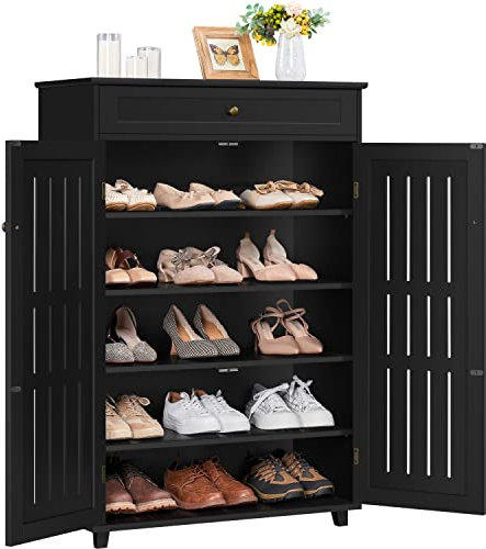 Yaheetech Shoe Cabinet, 5-Tier Wooden Shoes Storage Cabinet with Drawer, Shoe Rack Organizer with Door & Adjustable Shelves for Entryway, Hallway, Black