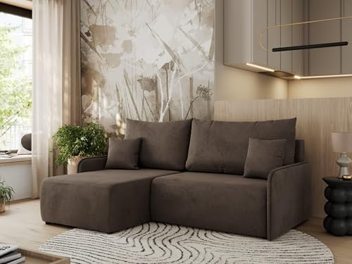 MKS MEBLE Ecksofa mit Schlaffunktion, Sofa L-Form, Schlafsofa mit Bettkasten, Bettsofa - Braun Velvet - Arpa L - Links