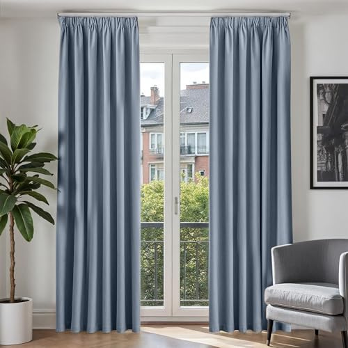 TOPICK Gardinen mit Kräuselband 100% Verdunklungsvorhänge Vorhänge Blickdicht Wohnzimmer Schlafzimmer modern, H225xB140 cm Vorhang Verdunklung Leinenoptik Gardine Landhausstil 2er Set Blau