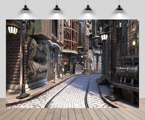 CHNBGPRO 2.1x1.5m Steampunk City Street Backdrop Vintage Urban Landscape Mechanical Street Lights Cobblestone Road Background Victorian Birthday Wedding Party Decor Portrait Photo Studio Booth Props