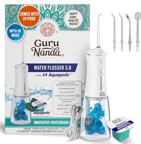 GuruNanda Advanced Dental Water Flosser 3.0 with UV Mode Water Flosser & 24 Aquapods with Mouthwash for Fresh Breath & Plaque Removal, Compact & TSA-Friendly