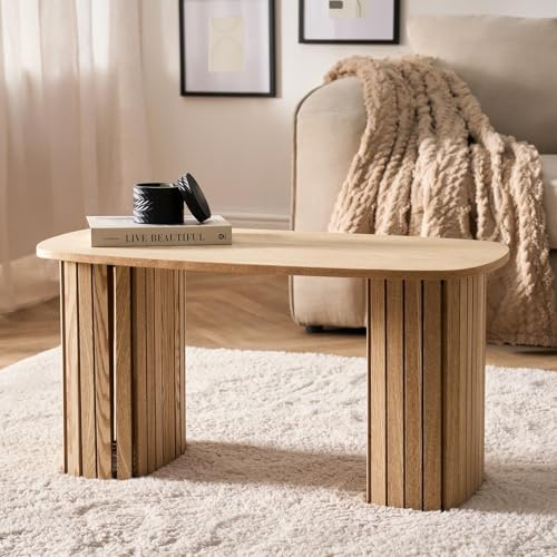 OHS Coffee Tables for Living Room, Wooden Centre Table Madison Ribbed Wood Frame Decorative Small Coffee Table for Home Offices, Natural Wood - 85 x 40 x 41cm
