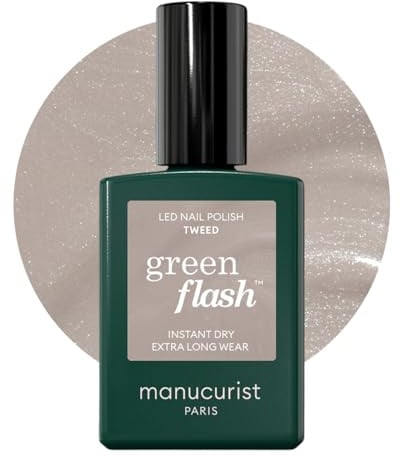 Manucurist Green Flash Tweed Pearlescent Grey LED Gel Nail Polish | LED gel polish and semi-permanent nail varnish, UV nail lamp compatible. 12-free, bio-sourced, vegan, Made in France, 15 ml