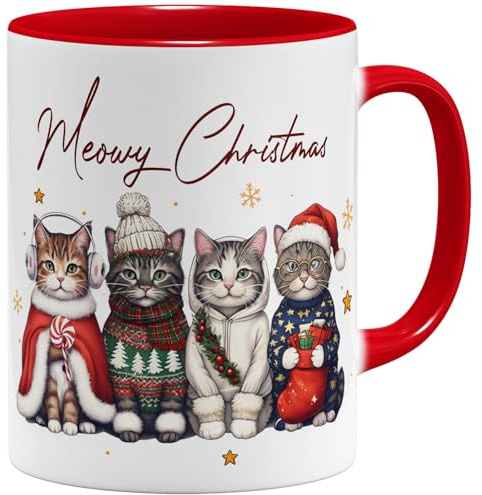 OM3 Meowy Christmas Tasse à café avec chatons mignons - Tasse de Noël - 4 chats - En céramique - 325 ml - Imprimé des deux côtés - Rouge