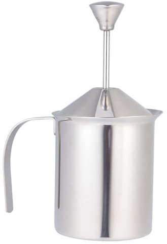 DEARMAMY Milchschäumer Manuell aus Edelstahl mit Doppelsieb 400 ml für Cappuccino und Kaffee Hitzebeständig für Heim und Café 20X13X9cm Silber/Schwarz