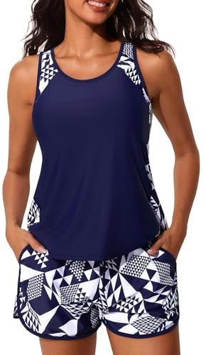 CheChury Baddräkt Tankini Dam Reducerande U-hals Baddräkter Tvådelad Beachwear Baddräkt Sexig Sommar Sport Push Up Brasiliansk Plus Size Baddräkter Mage med Fickor Strand