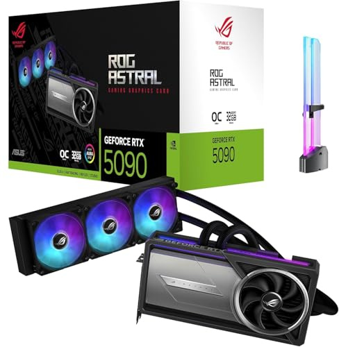 ASUS ROG Astral LC GeForce RTX 5090 OC 32GB GDDR7 Gaming Graphics Card, 360mm AIO Liquid Cooling, PCIe 5.0, 2X HDMI 2.1b, 3X DisplayPort 2.1b, Includes RGB GPU Holder