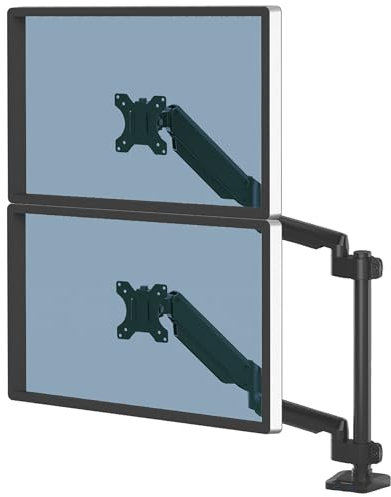Fellowes Dual Stacking Monitor Arm - Platinum Series Monitor Mount for Two 8KG 32 inch Screens - Ergonomic Adjustable Monitor Arm Desk Mount - Tilt 45 Swivel 360 Rotation 360 VESA 75 x 75/100 x 103
