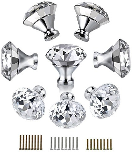 FBSHOP(TM) 40MM 8pcs Clear Glass Crystal Cabinet Knobs-Diamond Shape Wardrobe Door Knobs/Cupboard Drawer Pull Handle/Glass Dresser Knobs,Come with 3 Kinds of Screws