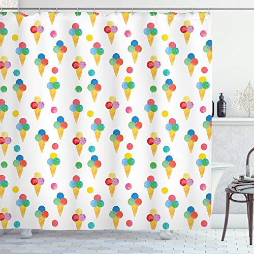 ABAKUHAUS EIS Duschvorhang, Triple-Scoops Grungy, Stoffliches Gewebe Badezimmerdekorationsset mit Haken, 175 x 180 cm, Hellorange Mehrfarbig