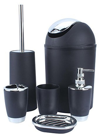 6tlg Badezimmer Set mit Bin Seifenschale Spender Tumbler Zahnbürstenhalter, Kunststoff (schwarz) Badset Badezimmer Set Beige