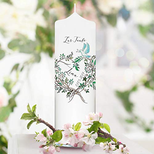 Taufkerze Herz Blätterkranz Taube - Kerze zur Taufe, Geburt oder Kommunion - 25 x 7 cm wahlweise mit Patenkerzen/ohne Patenkerze/ohne Taufspruch
